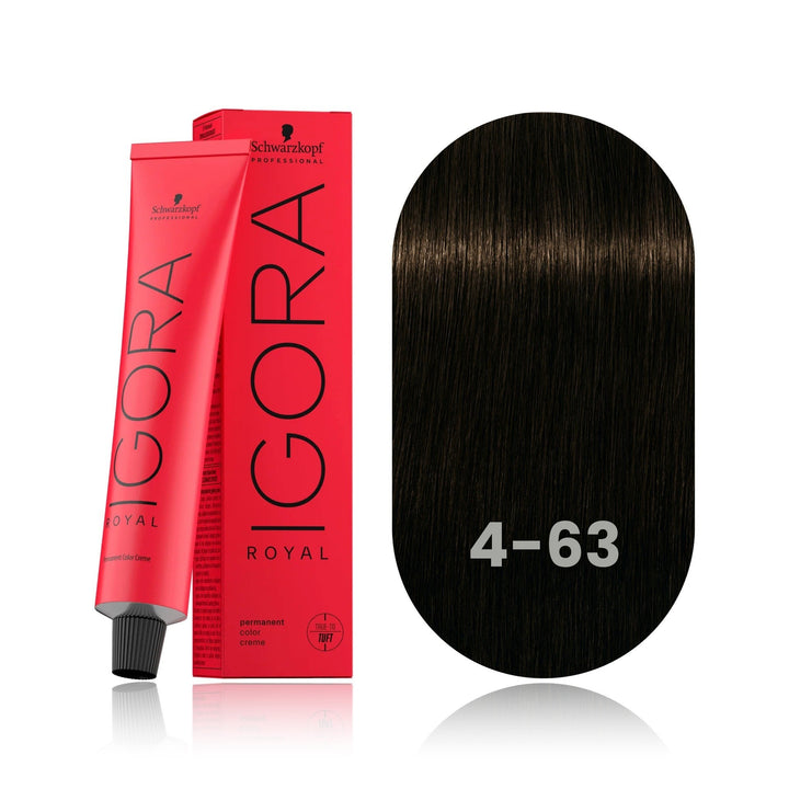 Schwarzkopf IGORA Royal 4-63 Medium Brown Chocolate Matte permanent hair color tube, box and hair swatch