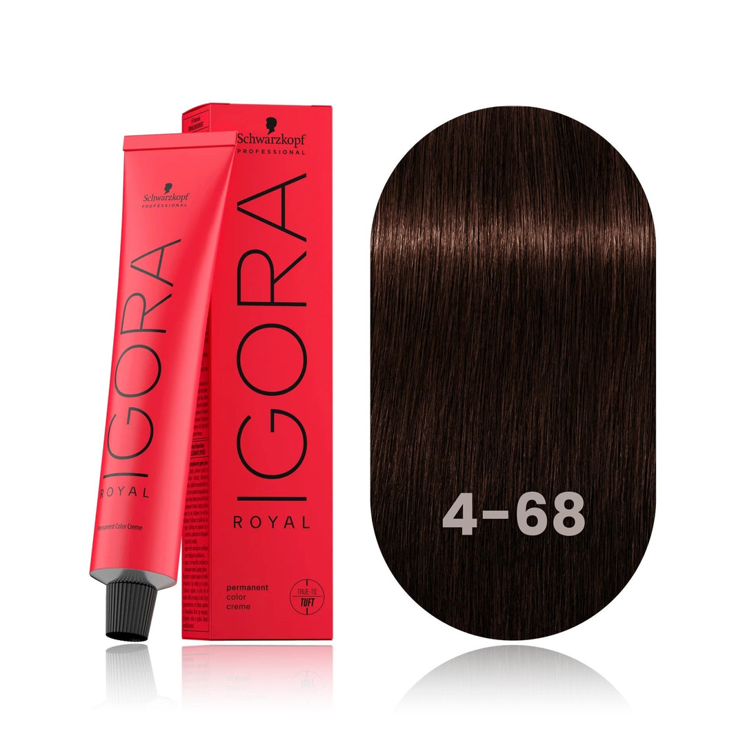 Schwarzkopf IGORA Royal 4-68 Medium Brown Chocolate Red permanent hair color tube, box and hair swatch