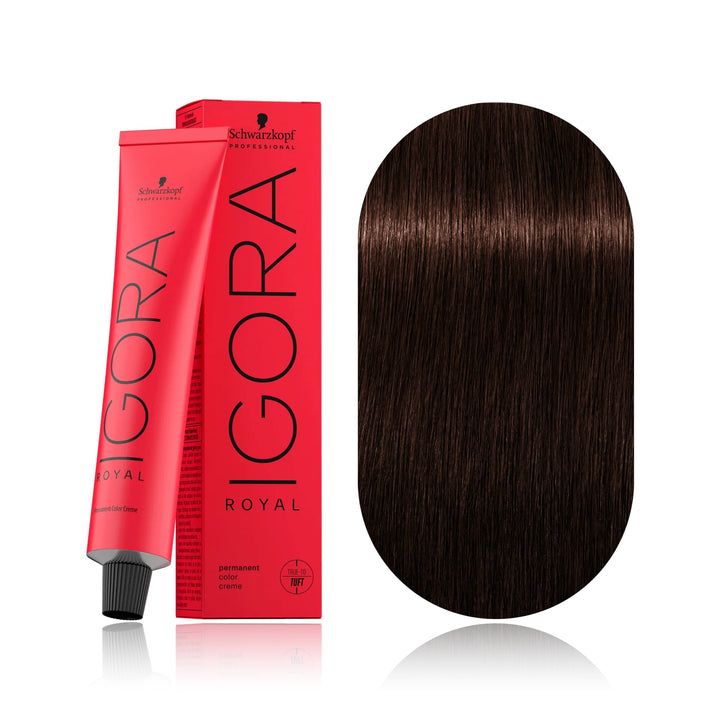 Schwarzkopf IGORA Royal 4-68 Medium Brown Chocolate Red permanent hair color tube, box and hair swatch