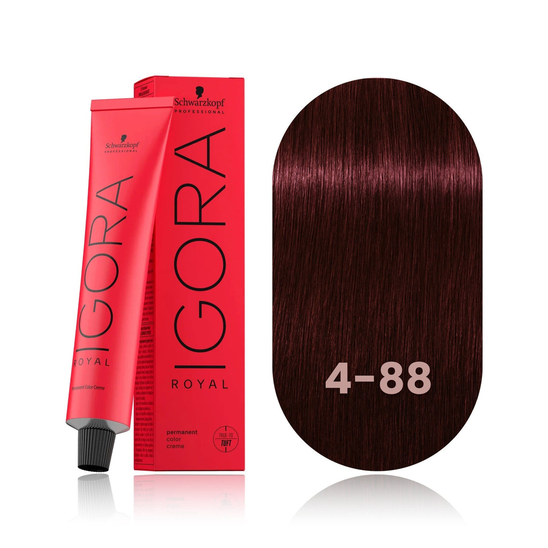 Schwarzkopf IGORA Royal 4-88 Medium Brown Red Extra permanent hair color tube, box and hair swatch