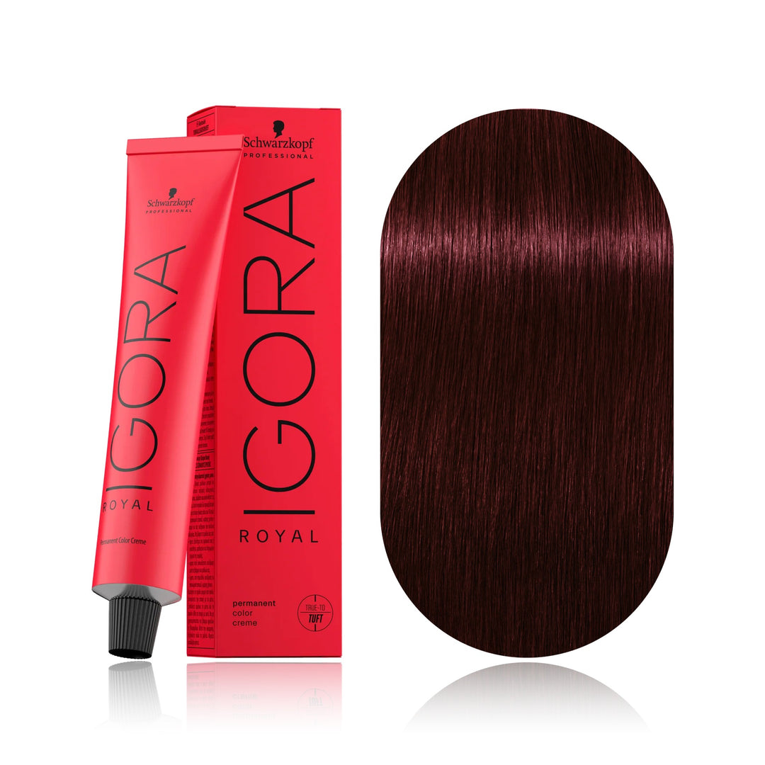 Schwarzkopf IGORA Royal 4-88 Medium Brown Red Extra permanent hair color tube, box and hair swatch