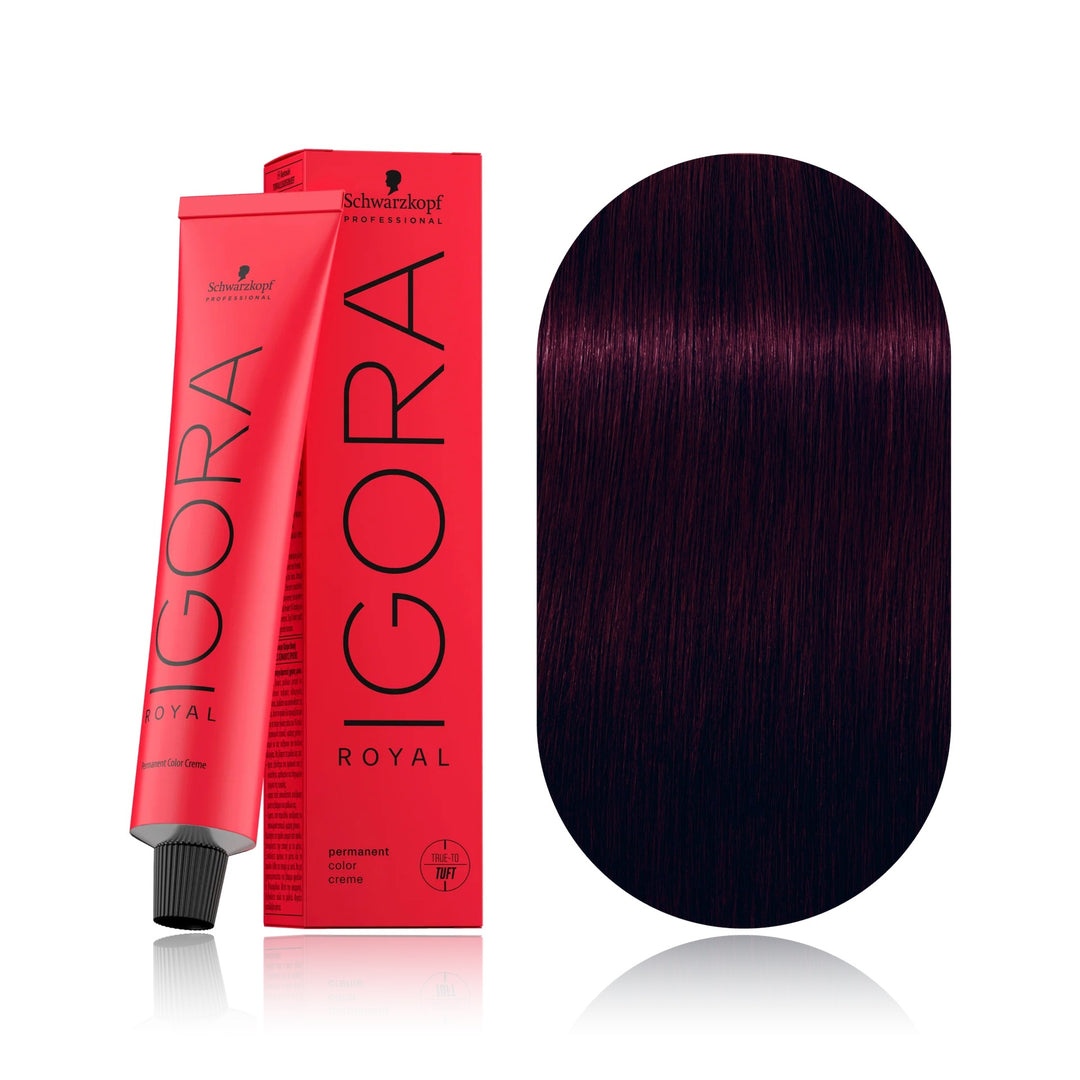 Schwarzkopf IGORA Royal 4-99 Medium Brown Violet Extra permanent hair color tube, box and hair swatch