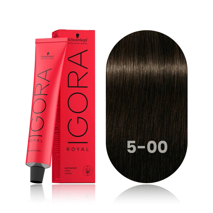 Schwarzkopf IGORA Royal 5-00 Light Brown Natural Extra permanent hair color tube, box and hair swatch