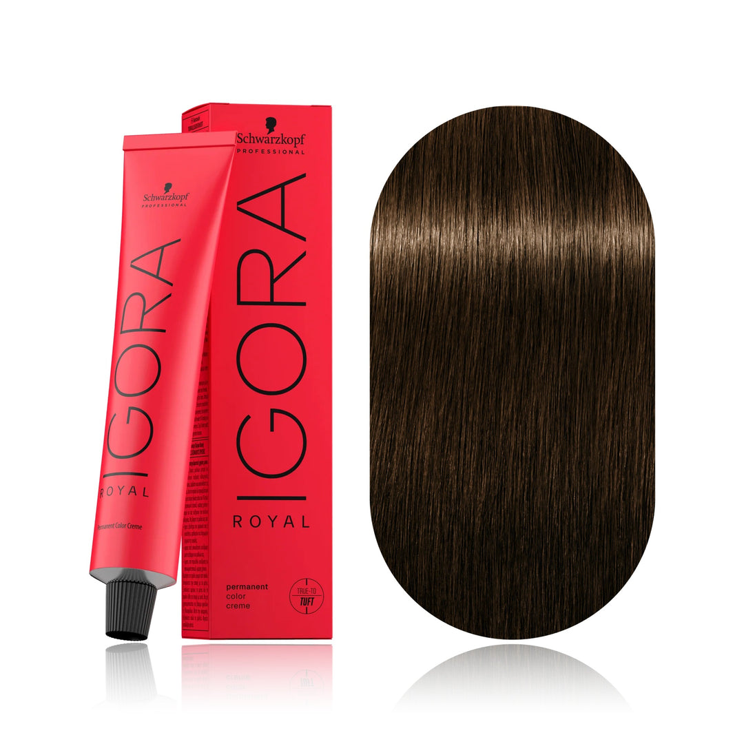 Schwarzkopf IGORA Royal 5-4 Light Brown Beige permanent hair color tube, box and hair swatch