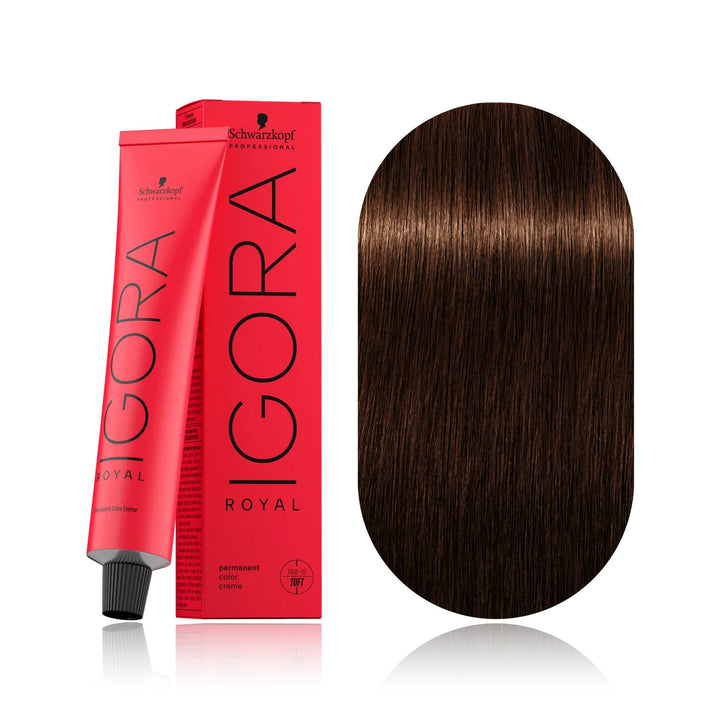 Schwarzkopf IGORA Royal 5-57 Light Brown Gold Copper permanent hair color tube, box and hair swatch