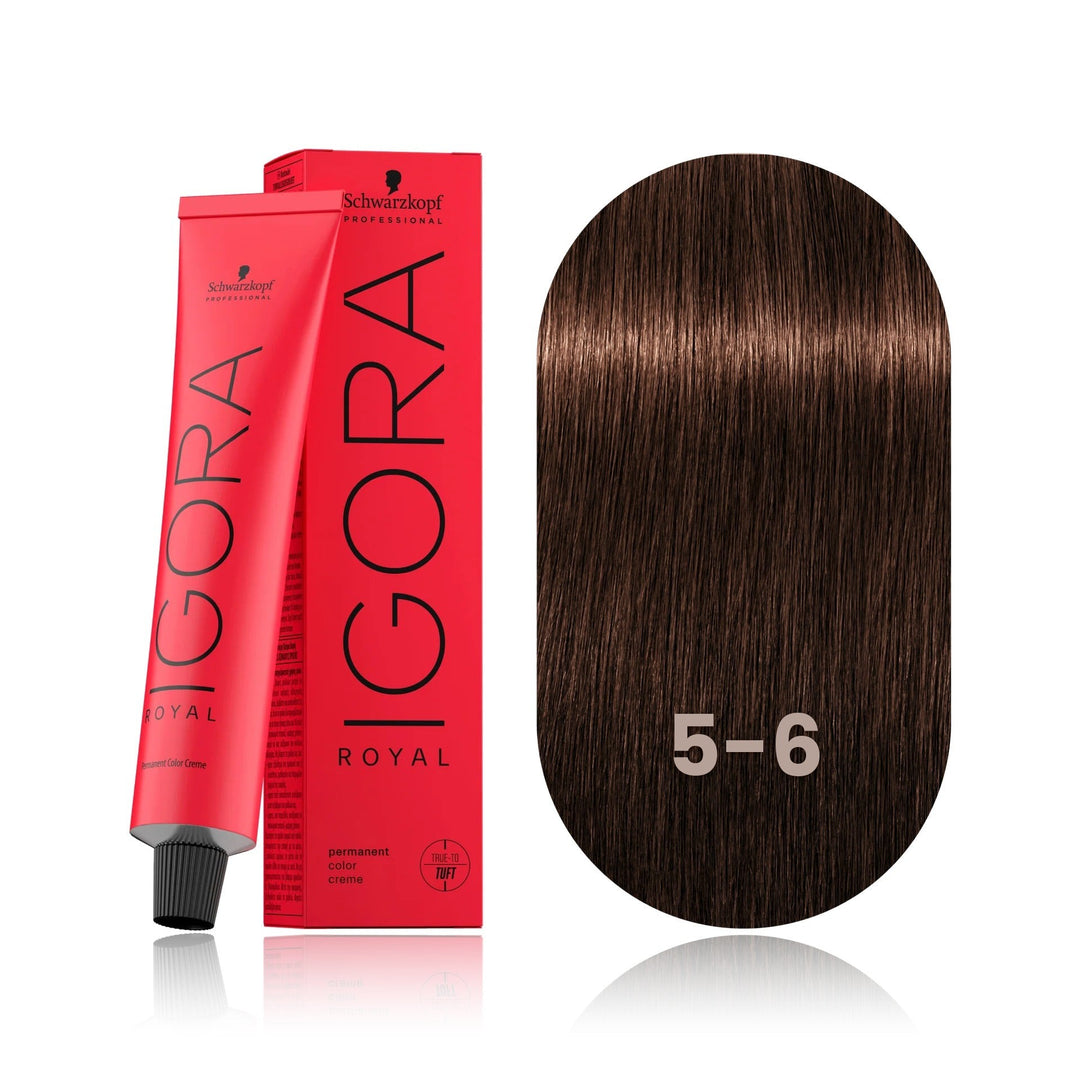 Schwarzkopf IGORA Royal 5-6 Light Brown Chocolate permanent hair color tube, box and hair swatch