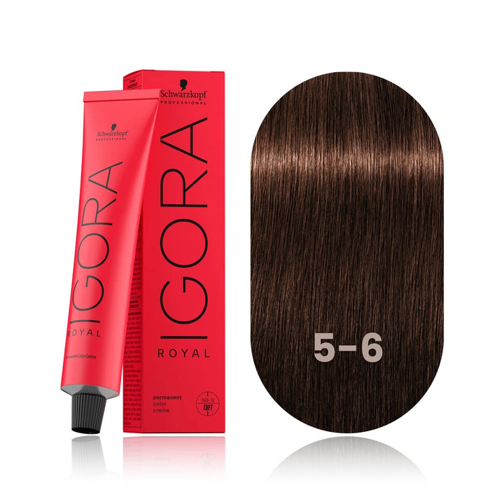 Schwarzkopf IGORA Royal 5-6 Light Brown Chocolate permanent hair color tube, box and hair swatch