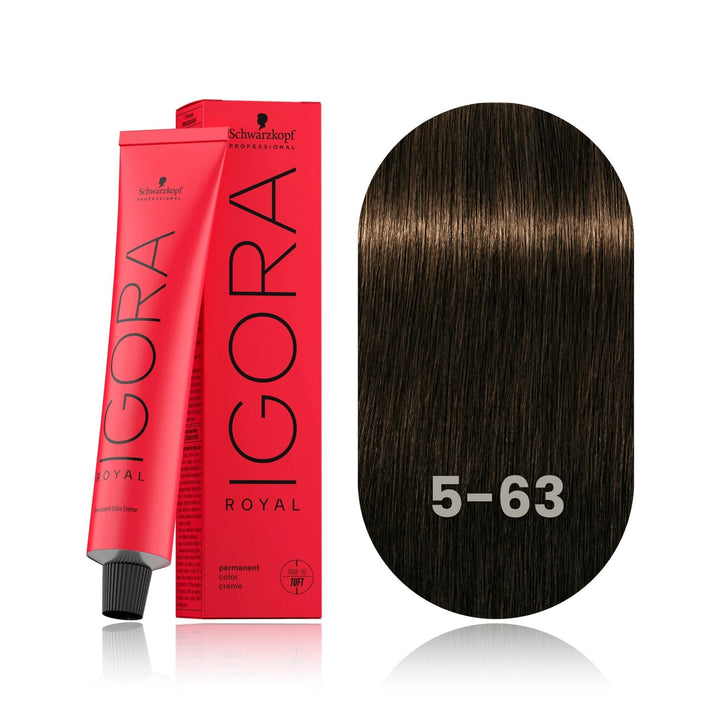 Schwarzkopf IGORA Royal 5-63 Light Brown Chocolate Matte permanent hair color tube, box and hair swatch