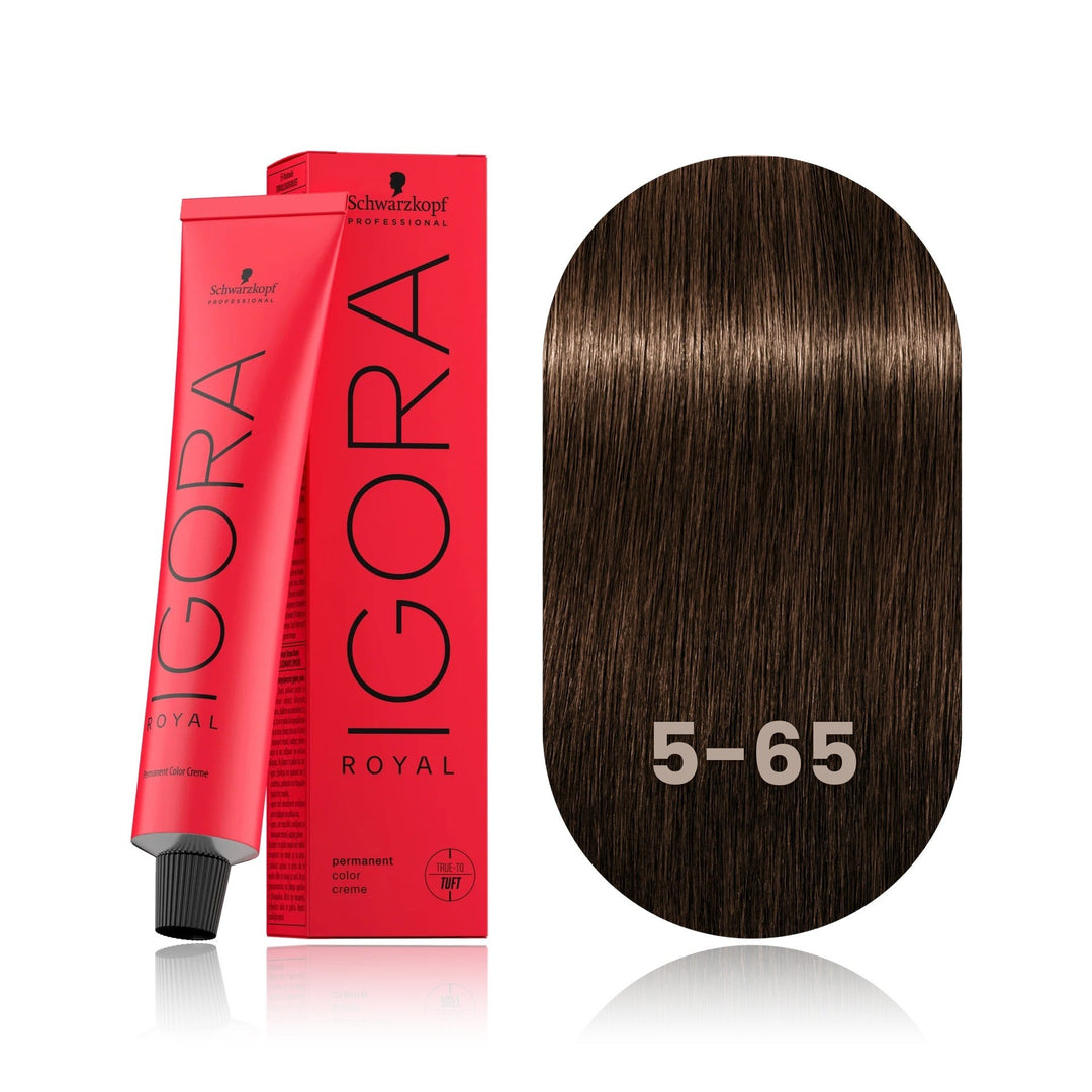 Schwarzkopf IGORA Royal 5-65 Light Brown Chocolate Gold permanent hair color tube, box and hair swatch