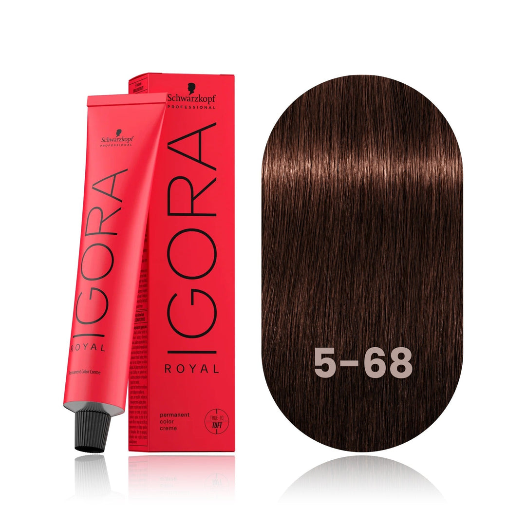 Schwarzkopf IGORA Royal 5-68 Light Brown Chocolate Red permanent hair color tube, box and hair swatch