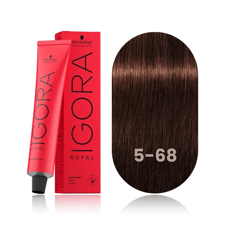 Schwarzkopf IGORA Royal 5-68 Light Brown Chocolate Red permanent hair color tube, box and hair swatch