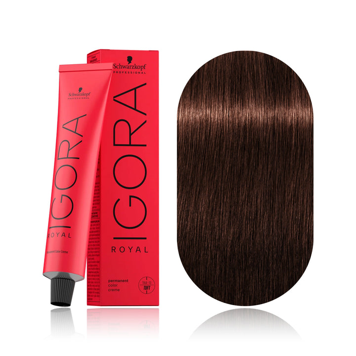 Schwarzkopf IGORA Royal 5-68 Light Brown Chocolate Red permanent hair color tube, box and hair swatch
