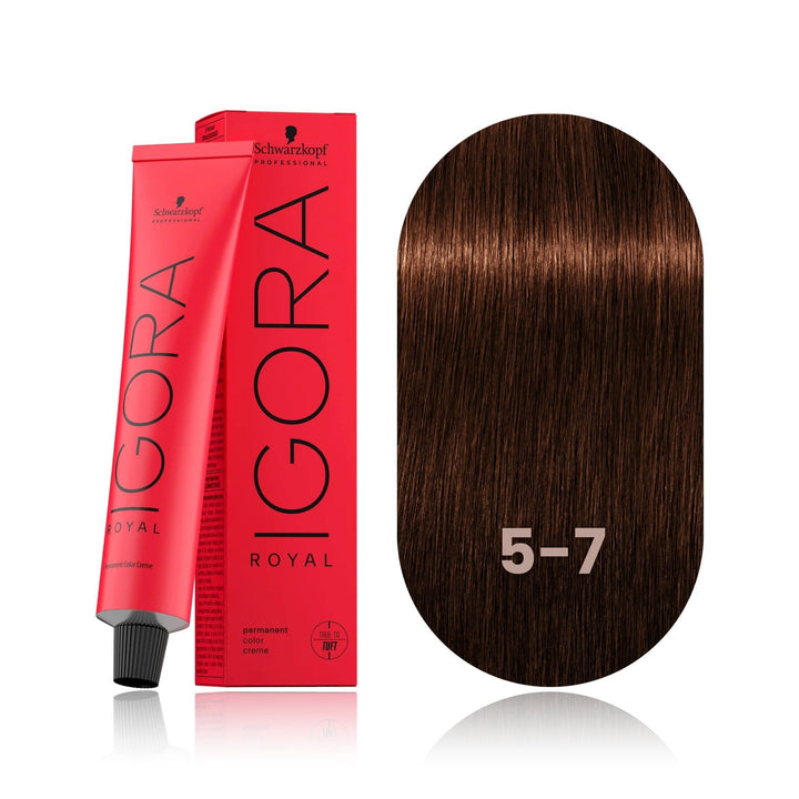 Schwarzkopf IGORA Royal 5-7 Light Brown Copper permanent hair color tube, box and hair swatch