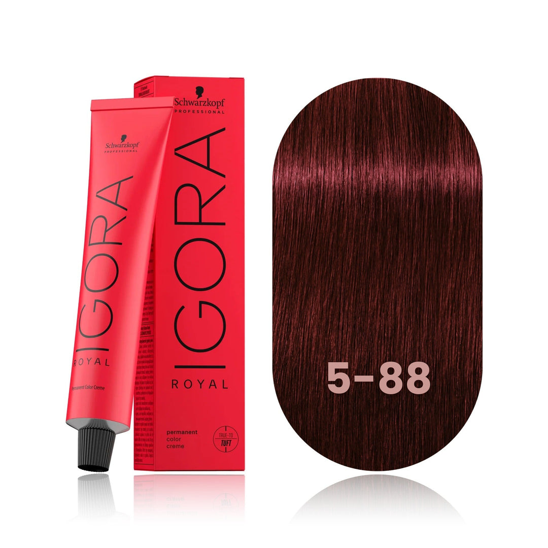 Schwarzkopf IGORA Royal 5-88 Light Brown Red Extra permanent hair color tube, box and hair swatch