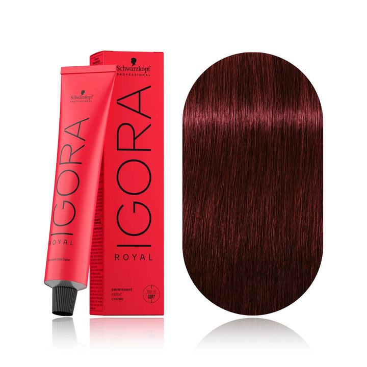 Schwarzkopf IGORA Royal 5-88 Light Brown Red Extra permanent hair color tube, box and hair swatch