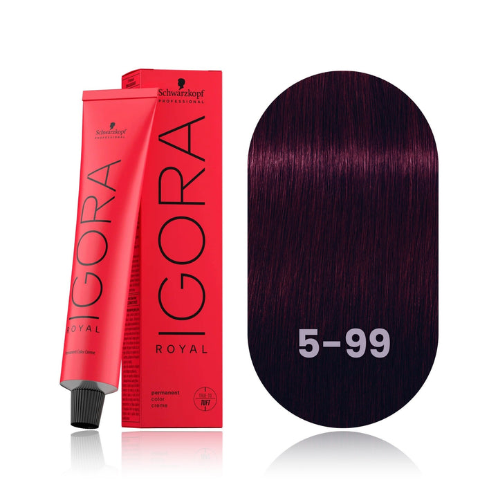 Schwarzkopf IGORA Royal 5-99 Light Brown Violet Extra permanent hair color tube, box and hair swatch