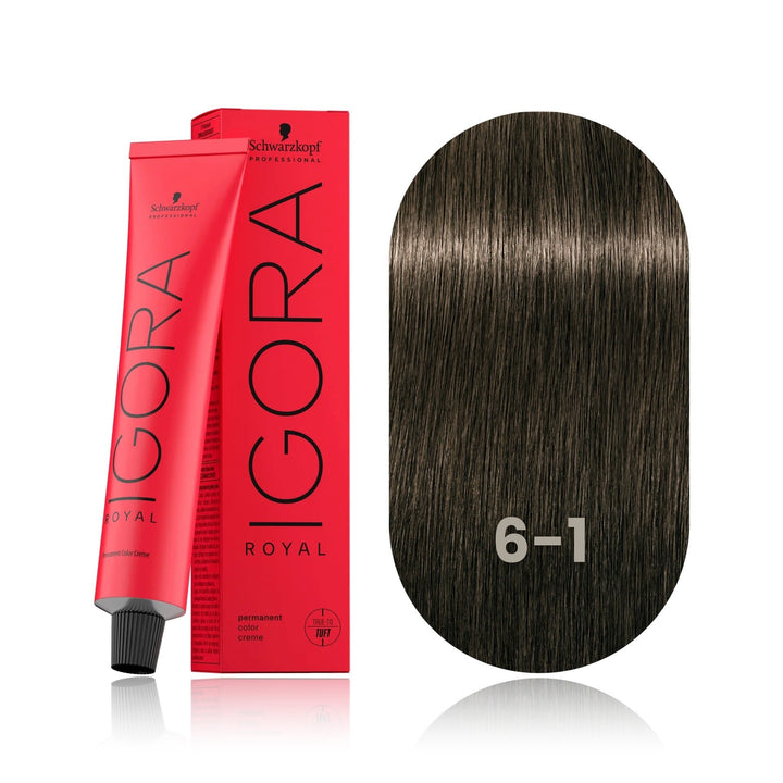 Schwarzkopf IGORA Royal 6-1 Dark Blonde Cendré permanent hair color tube, box and hair swatch