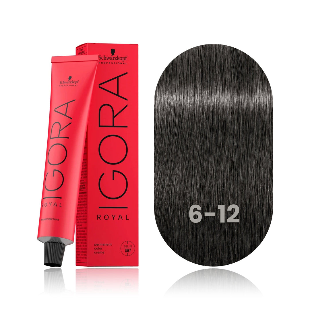 Schwarzkopf IGORA Royal 6-12 Dark Blonde Cendré Ash permanent hair color tube, box and hair swatch