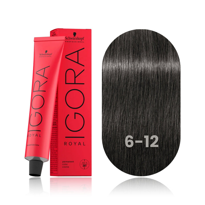 Schwarzkopf IGORA Royal 6-12 Dark Blonde Cendré Ash permanent hair color tube, box and hair swatch
