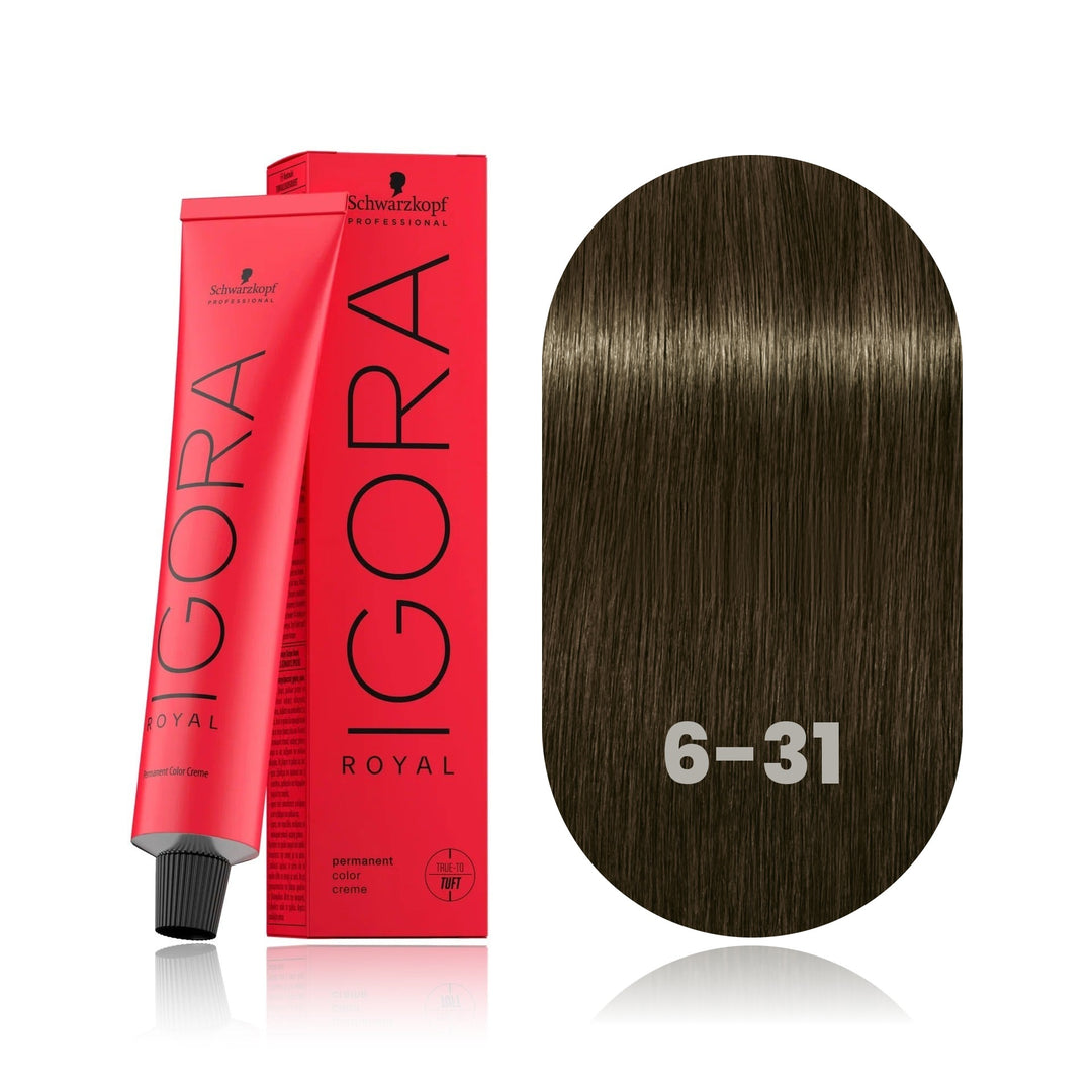 Schwarzkopf IGORA Royal 6-31 Dark Blonde Matte Cendré permanent hair color tube, box and hair swatch