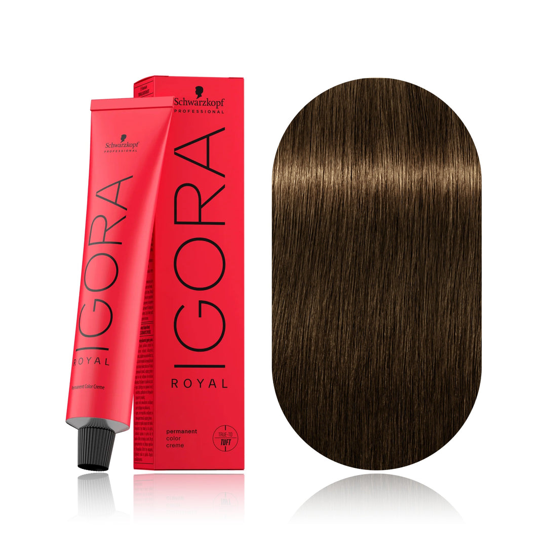 Schwarzkopf IGORA Royal 6-4 Dark Blonde Beige permanent hair color tube, box and hair swatch
