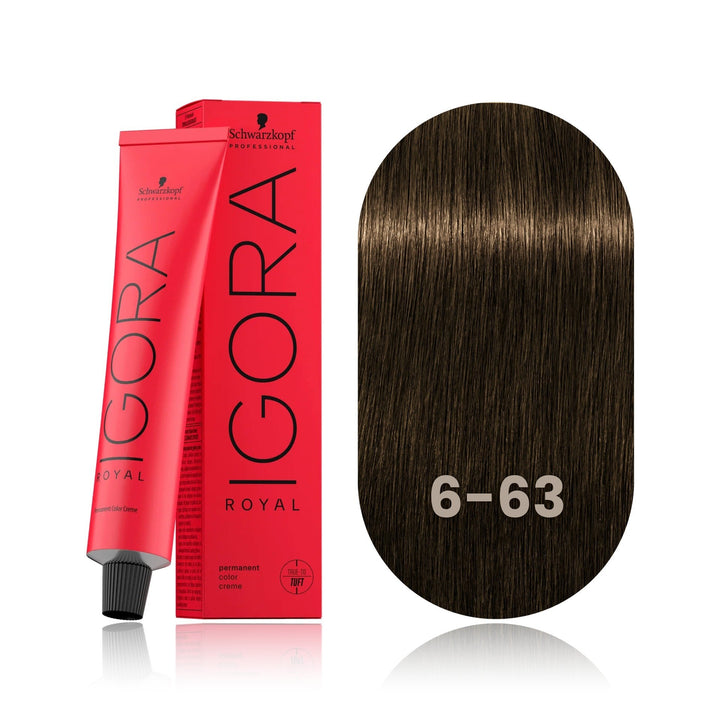 Schwarzkopf IGORA Royal 6-63 Dark Blonde Chocolate Matte permanent hair color tube, box and hair swatch