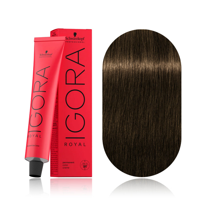Schwarzkopf IGORA Royal 6-63 Dark Blonde Chocolate Matte permanent hair color tube, box and hair swatch