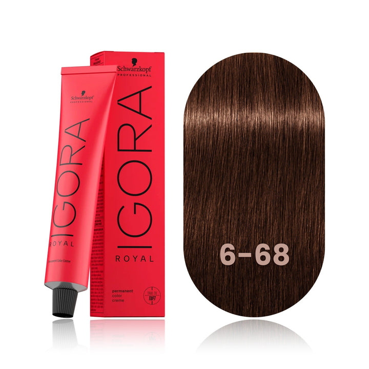 Schwarzkopf IGORA Royal 6-68 Dark Blonde Chocolate Red permanent hair color tube, box and hair swatch
