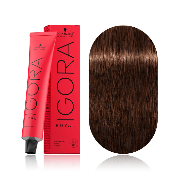 Schwarzkopf IGORA Royal 6-68 Dark Blonde Chocolate Red permanent hair color tube, box and hair swatch