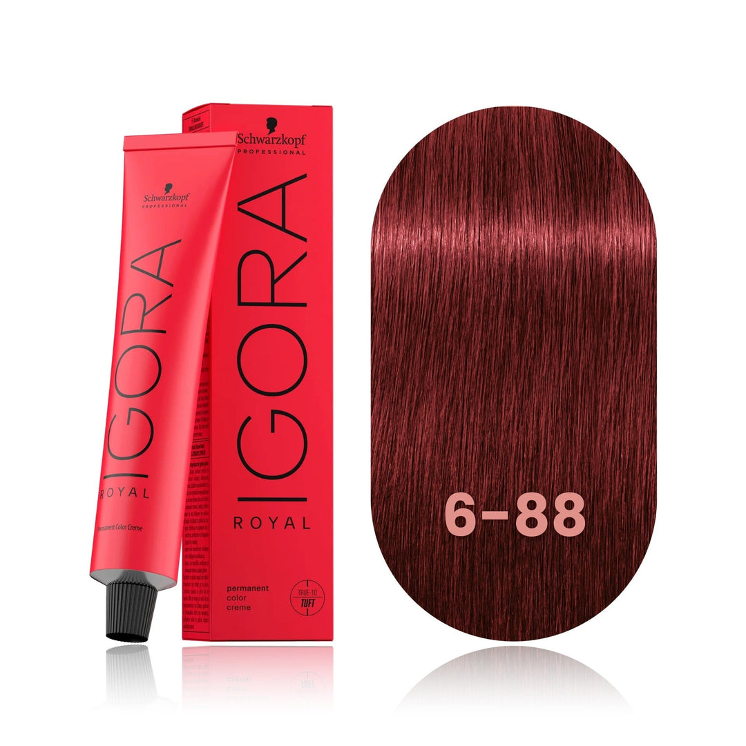 Schwarzkopf IGORA Royal 6-88 Dark Blonde Red Extra permanent hair color tube, box and hair swatch