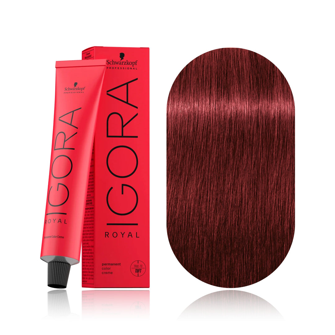 Schwarzkopf IGORA Royal 6-88 Dark Blonde Red Extra permanent hair color tube, box and hair swatch