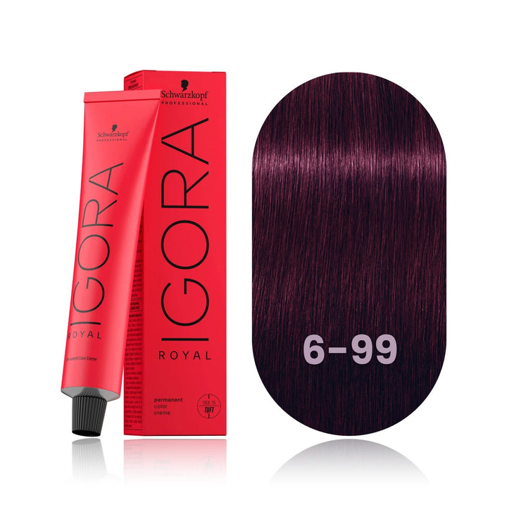 Schwarzkopf IGORA Royal 6-99 Dark Blonde Violet Extra permanent hair color tube, box and hair swatch