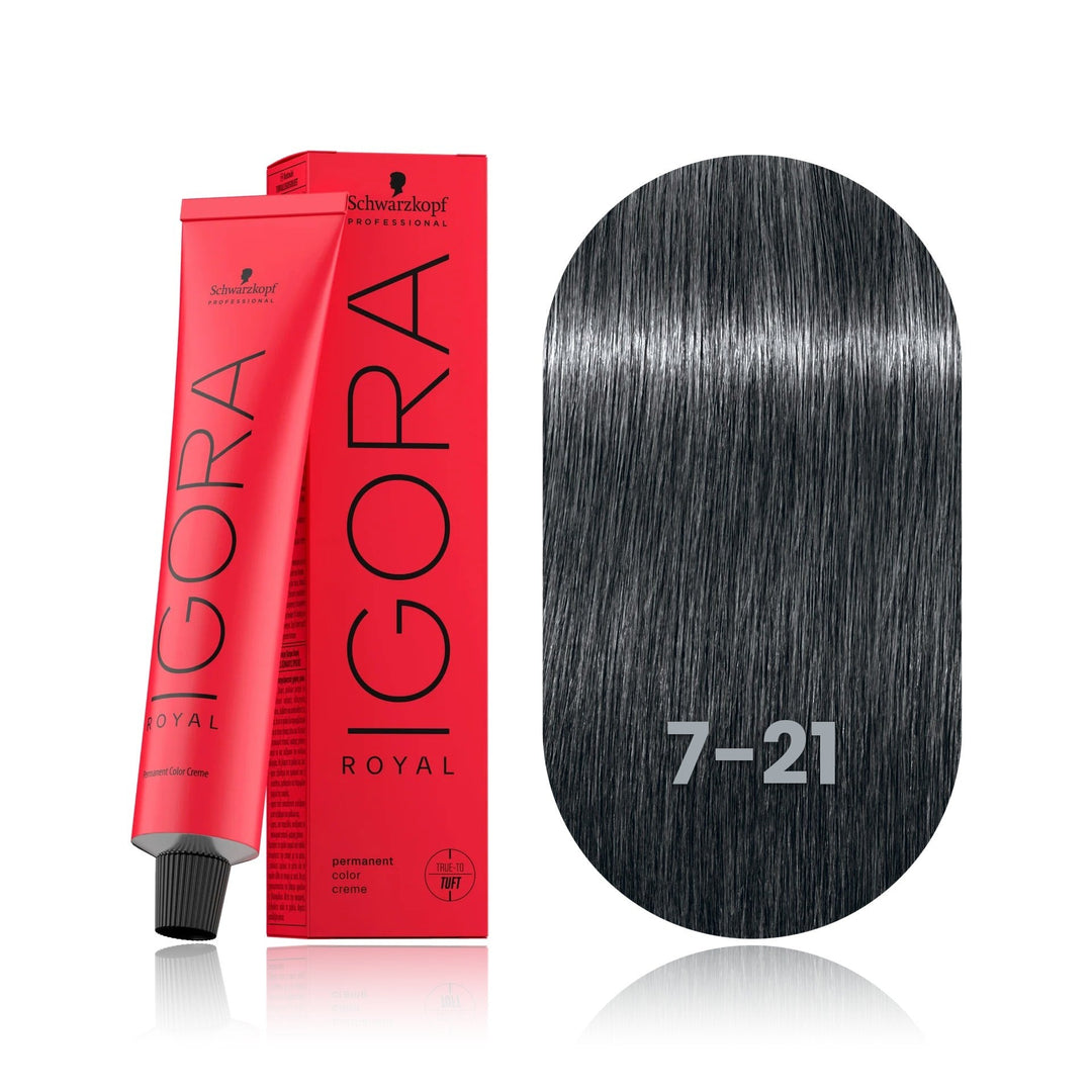 Schwarzkopf IGORA Royal 7-21 Medium Blonde Ash Cendré permanent hair color tube, box and hair swatch
