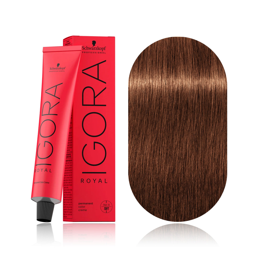 Schwarzkopf IGORA Royal 7-57 Medium Blonde Gold Copper permanent hair color tube, box and hair swatch