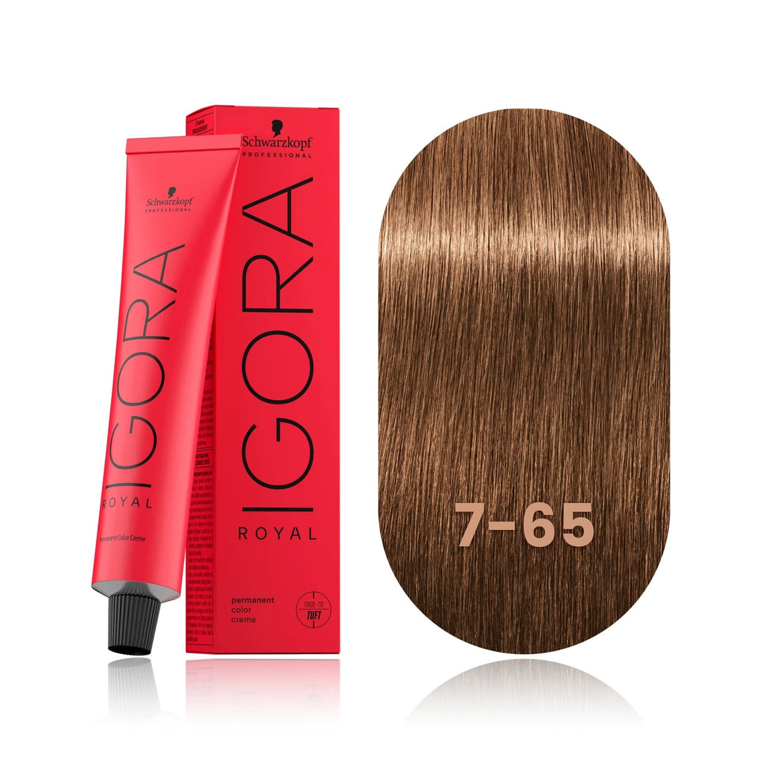 Schwarzkopf IGORA Royal 7-65 Medium Blonde Chocolate Gold permanent hair color tube, box and hair swatch