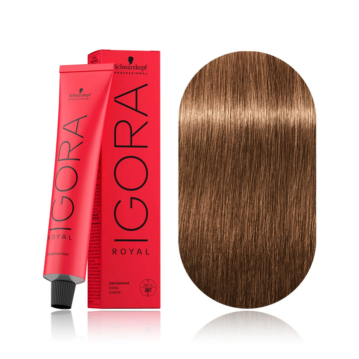 Schwarzkopf IGORA Royal 7-65 Medium Blonde Chocolate Gold permanent hair color tube, box and hair swatch