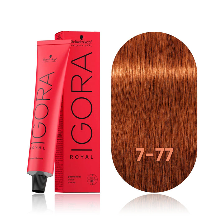 Schwarzkopf IGORA Royal 7-77 Medium Blonde Copper Extra permanent hair color tube, box and hair swatch