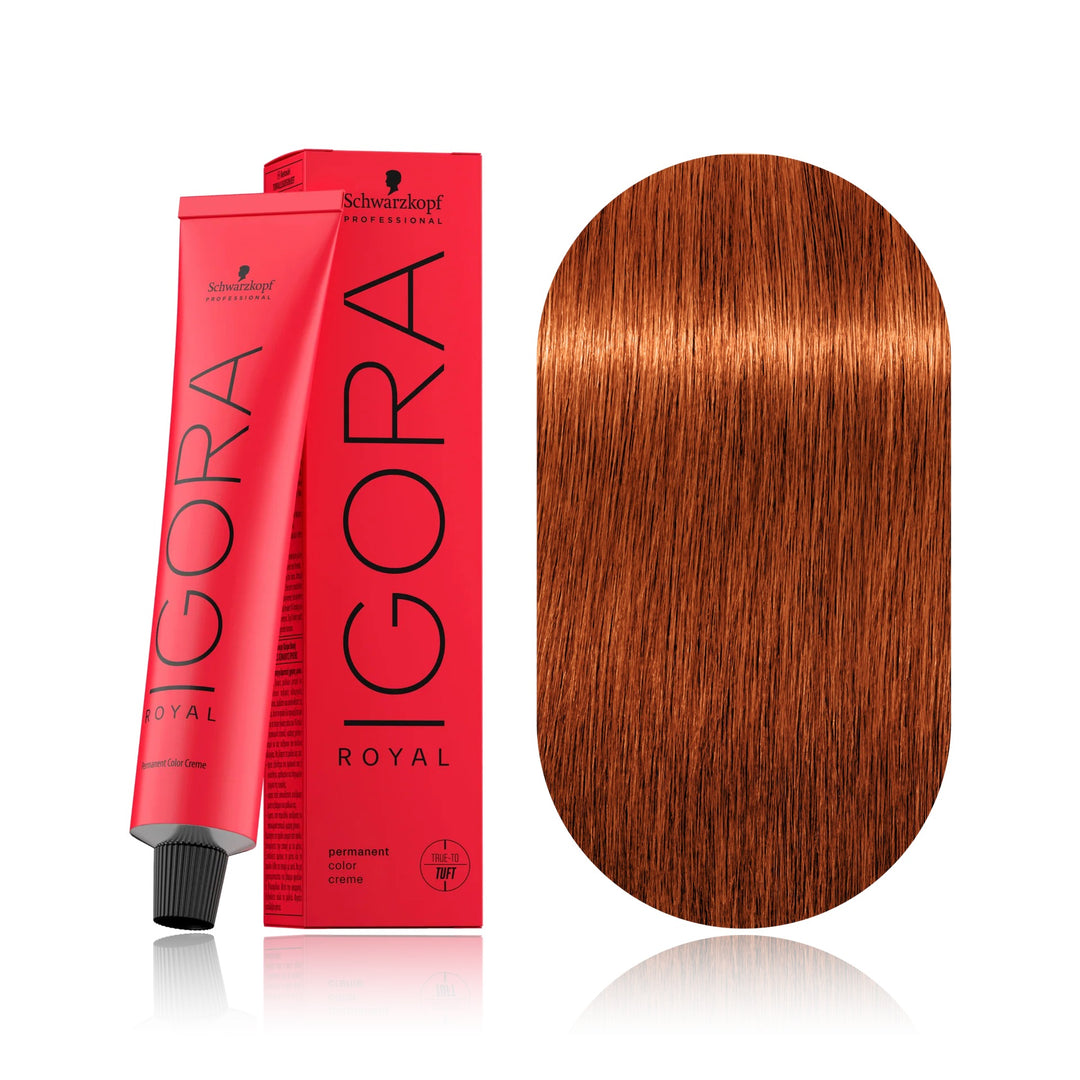 Schwarzkopf IGORA Royal 7-77 Medium Blonde Copper Extra permanent hair color tube, box and hair swatch