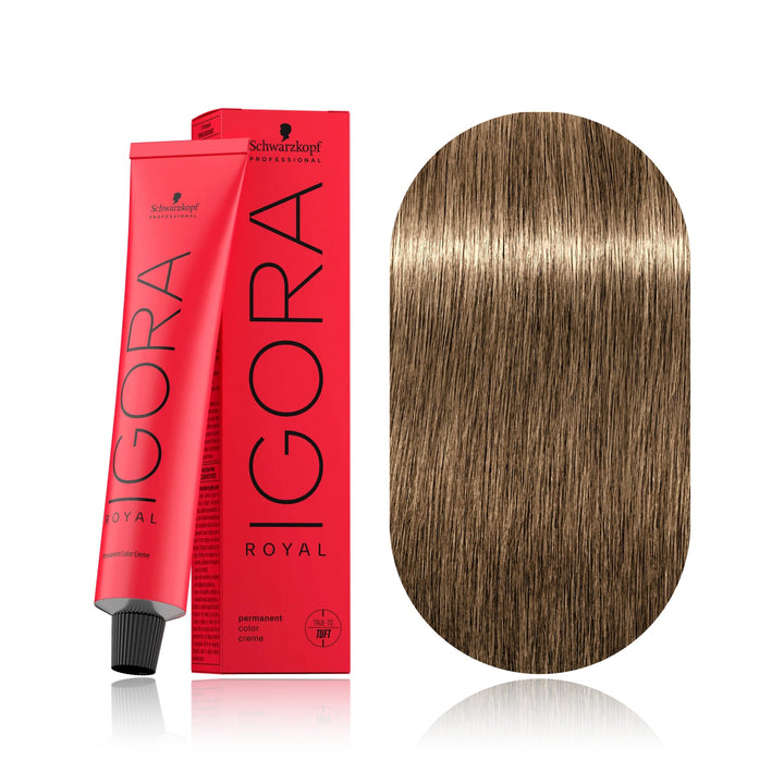 Schwarzkopf IGORA Royal 8-0 Light Blonde permanent hair color tube, box and hair swatch