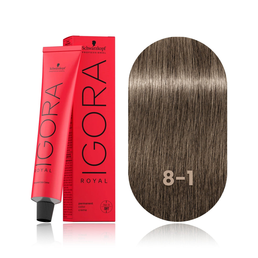 Schwarzkopf IGORA Royal 8-1 Light Blonde Cendré permanent hair color tube, box and hair swatch
