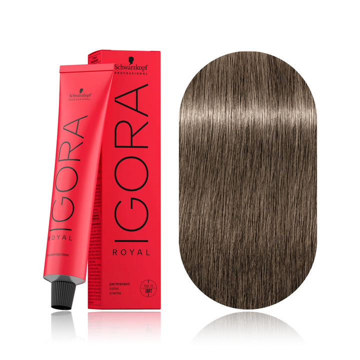 Schwarzkopf IGORA Royal 8-1 Light Blonde Cendré permanent hair color tube, box and hair swatch