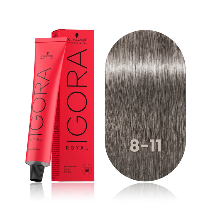 Schwarzkopf IGORA Royal 8-11 Light Blonde Cendré Extra permanent hair color tube, box and hair swatch