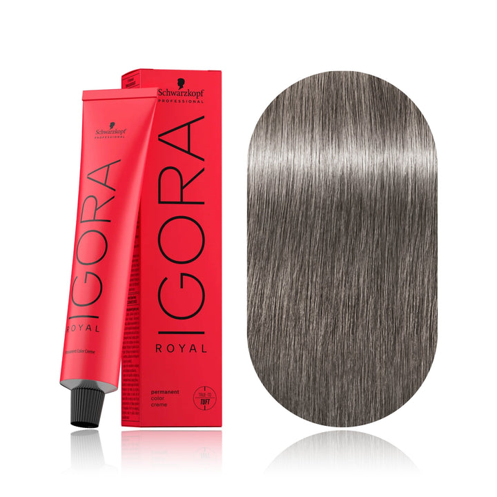 Schwarzkopf IGORA Royal 8-11 Light Blonde Cendré Extra permanent hair color tube, box and hair swatch