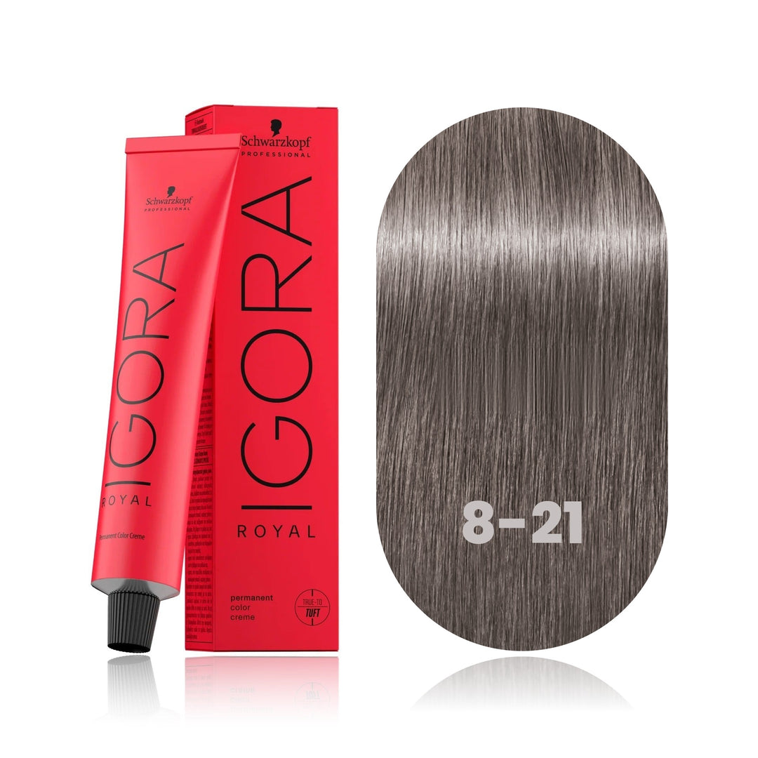 Schwarzkopf IGORA Royal 8-21 Light Blonde Ash Cendré permanent hair color tube, box and hair swatch