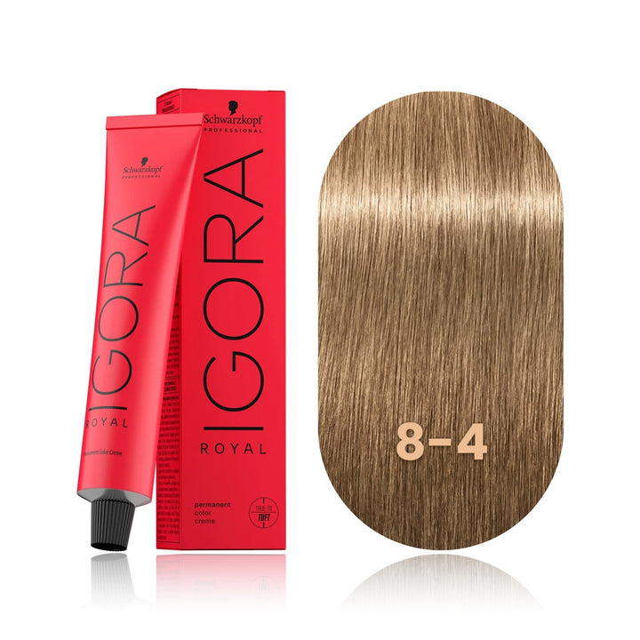 Schwarzkopf IGORA Royal 8-4 Light Blonde Beige permanent hair color tube, box and hair swatch