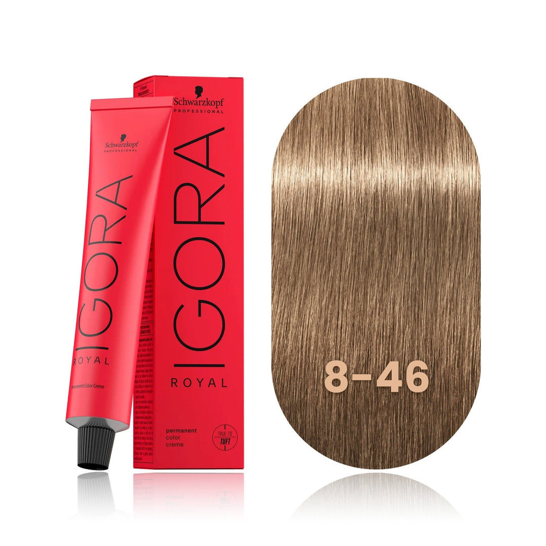 Schwarzkopf IGORA Royal 8-46 Light Blonde Beige Chocolate permanent hair color tube, box and hair swatch