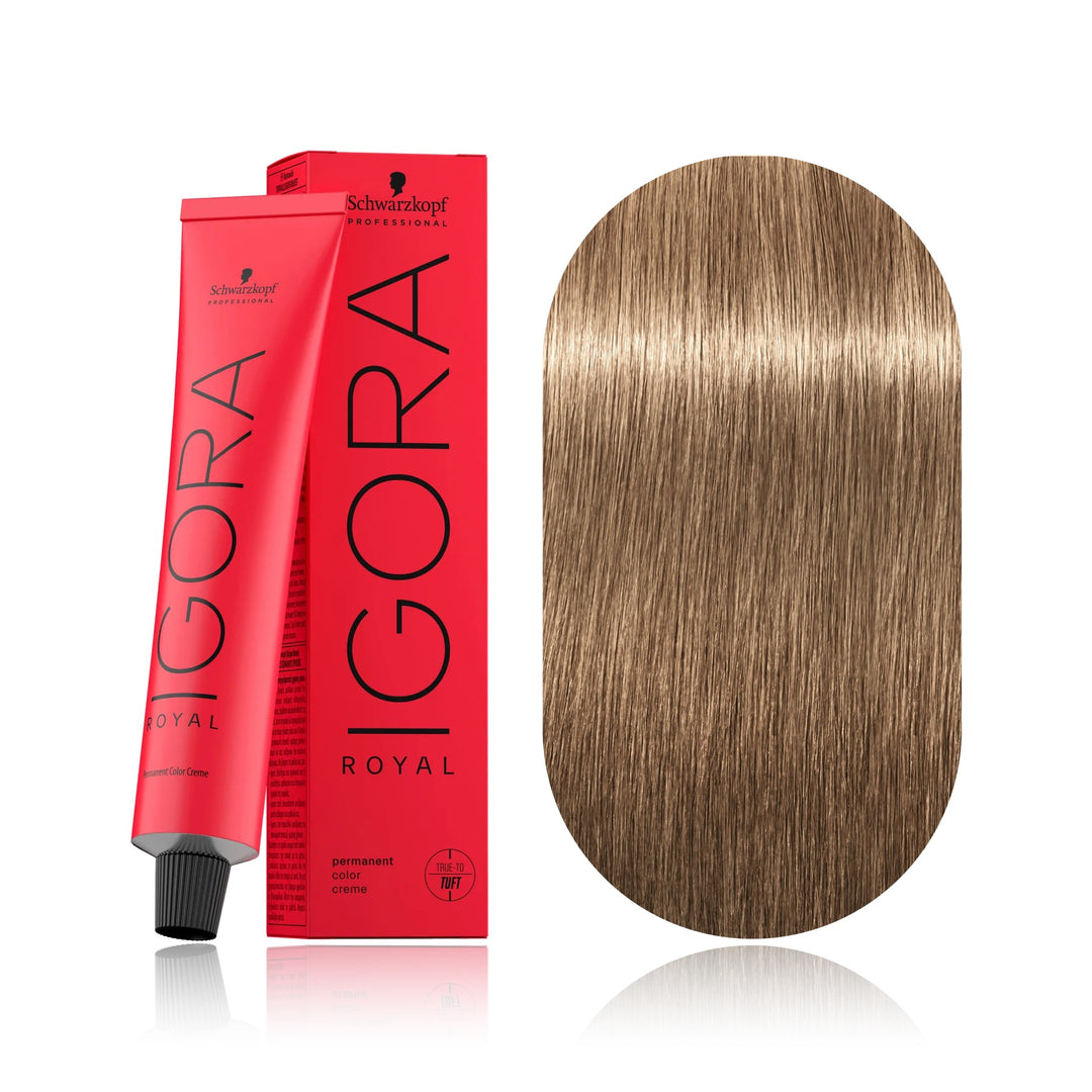 Schwarzkopf IGORA Royal 8-46 Light Blonde Beige Chocolate permanent hair color tube, box and hair swatch