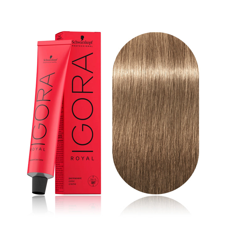Schwarzkopf IGORA Royal 8-46 Light Blonde Beige Chocolate permanent hair color tube, box and hair swatch