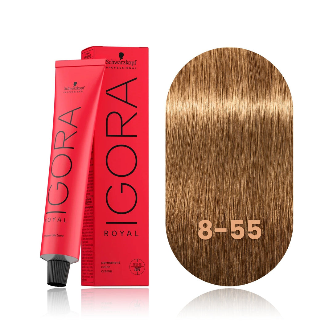 Schwarzkopf IGORA Royal 8-55 Light Blonde Gold Extra permanent hair color tube, box and hair swatch
