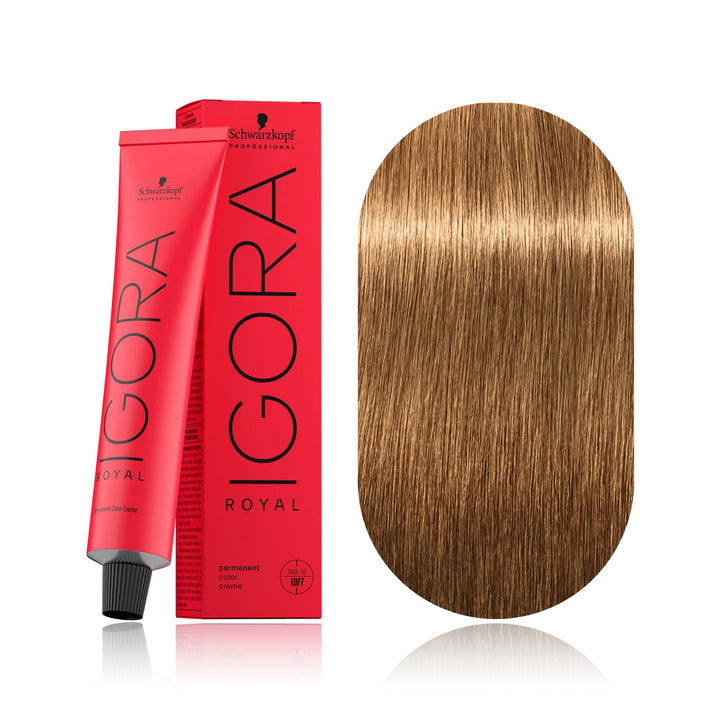 Schwarzkopf IGORA Royal 8-55 Light Blonde Gold Extra permanent hair color tube, box and hair swatch